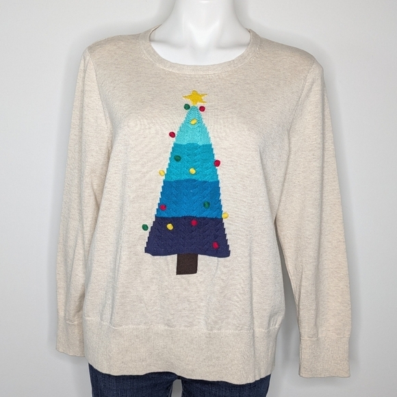 Lands' End Sweaters - Lands' End cream blue Christmas tree holiday winter lightweight sweater L